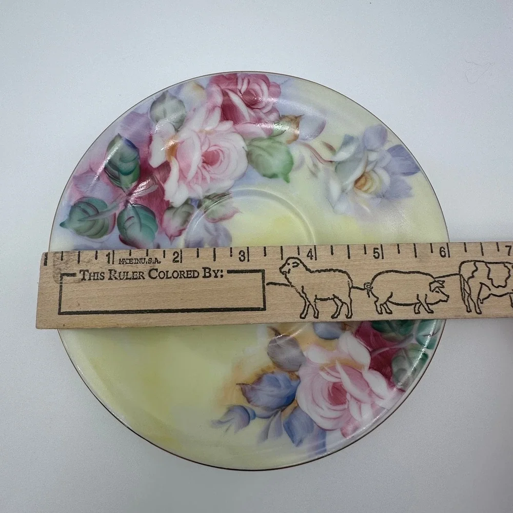 Lefton China Hand Painted Rose Teacup and Saucer Set CY222 Pink Yellow Gold Trim